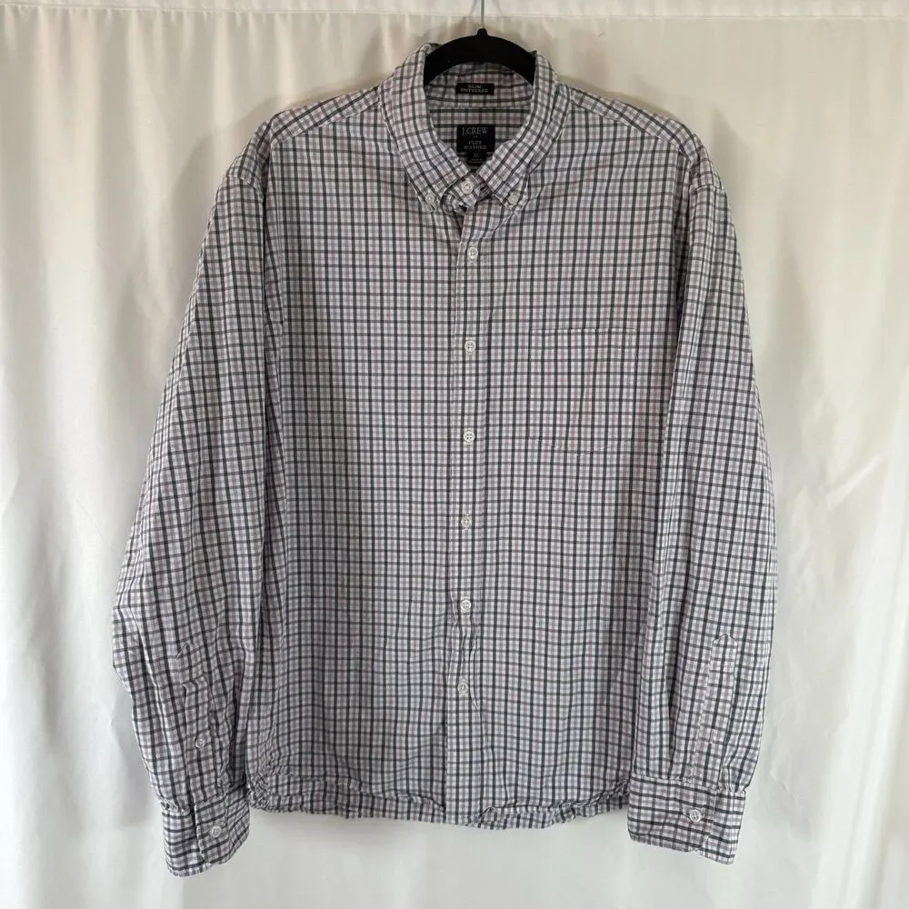 J. Crew Flex Washed Shirt Mens XL Purple Plaid Button Up Long Sleeve Slim Untuck